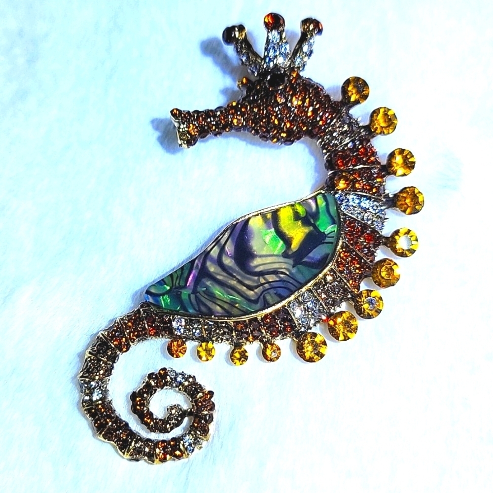Fabulous Amber Colored Rhinestone & Abalone Sea Horse Gold Tone Brooch Pin